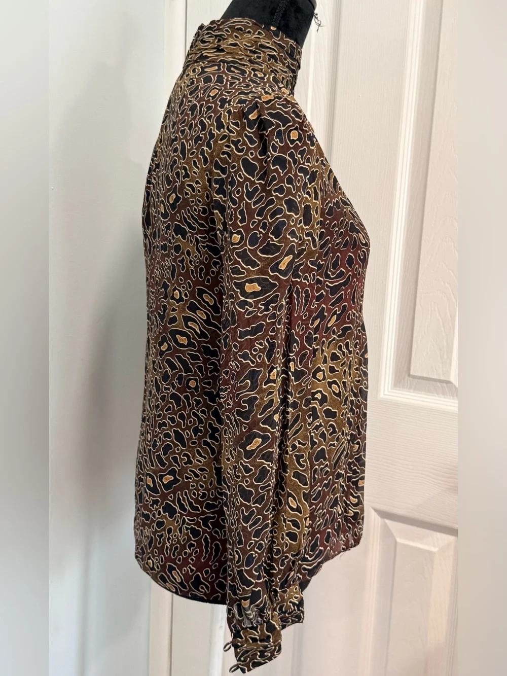 Tory Burch Brown, Black & Tan Animal-Print Mock Neck Long Sleeve Top
